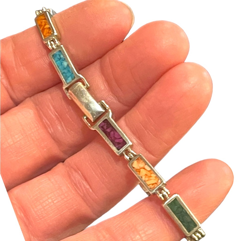 Vintage sterling silver 925  multi color crushed stone link bracelet Hallmarked - Picture 11 of 12